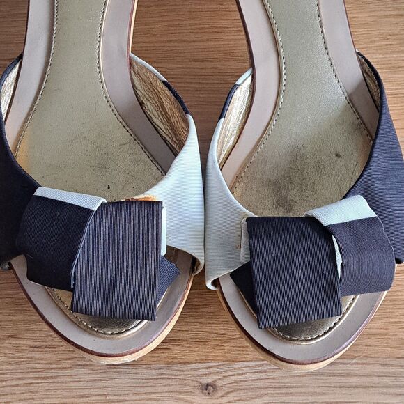 Kate Spade Vintage Women’s 8 Black Bow Kitten Heel Open Toe Sandals Clogs Wood - Picture 4 of 11